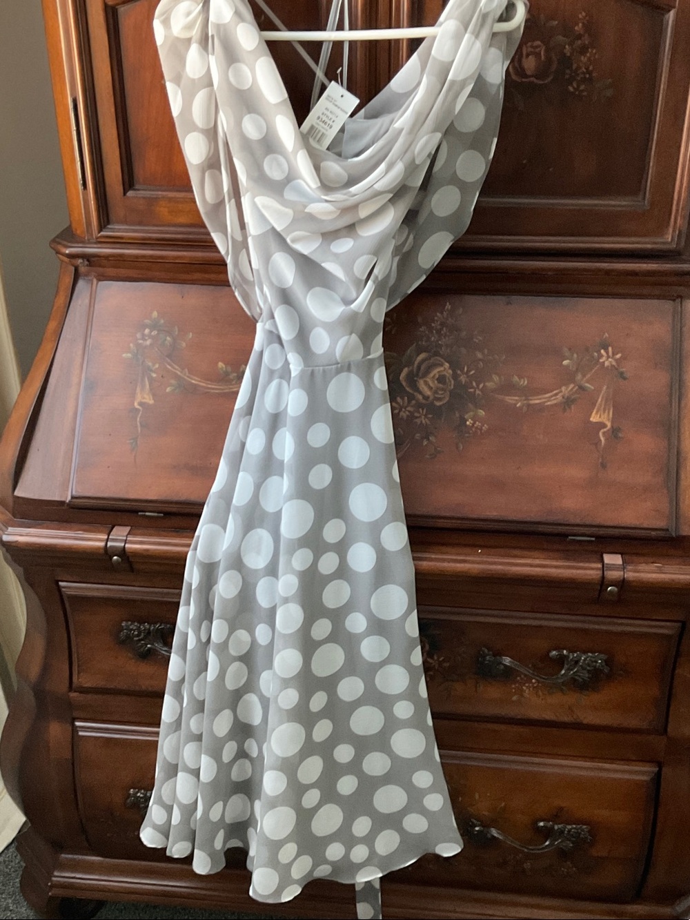 MSK Gray and White Polka Dot Draped Midi Dress